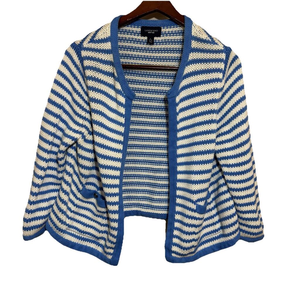 Land's End Drifter Open Front Chunky Cardigan Sweater Size L Anchor Coastal
